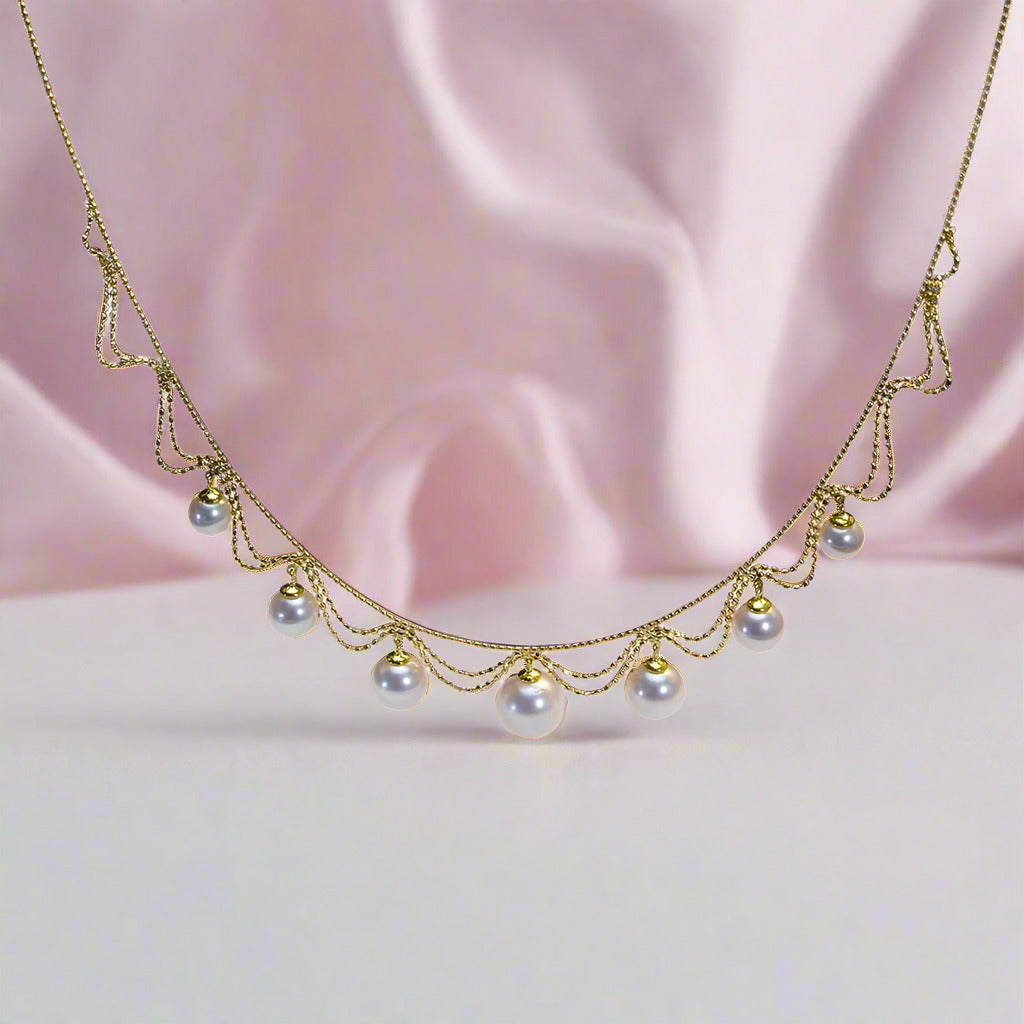 White Freshwater Pearl 18k Yellow Gold Necklace-Black Diamonds New York