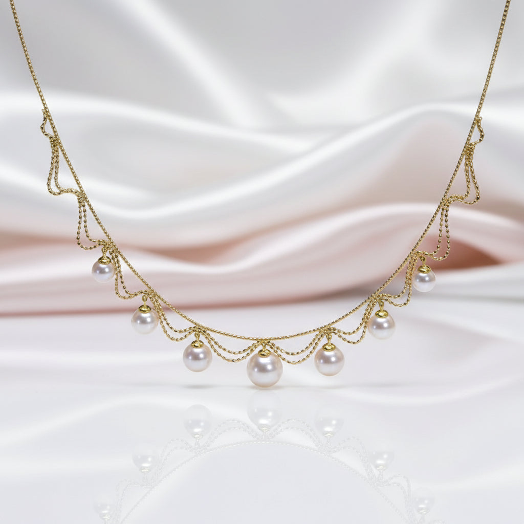 White Freshwater Pearl 18k Yellow Gold Necklace-Black Diamonds New York
