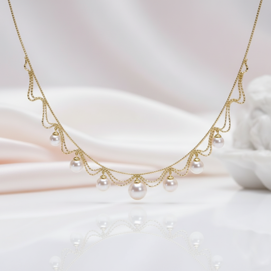 White Freshwater Pearl 18k Yellow Gold Necklace-Black Diamonds New York