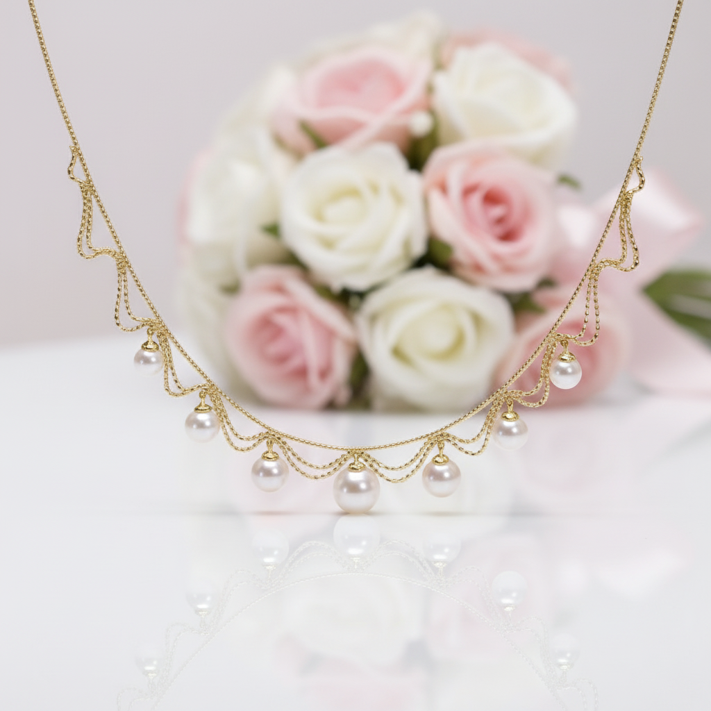 White Freshwater Pearl 18k Yellow Gold Necklace-Black Diamonds New York