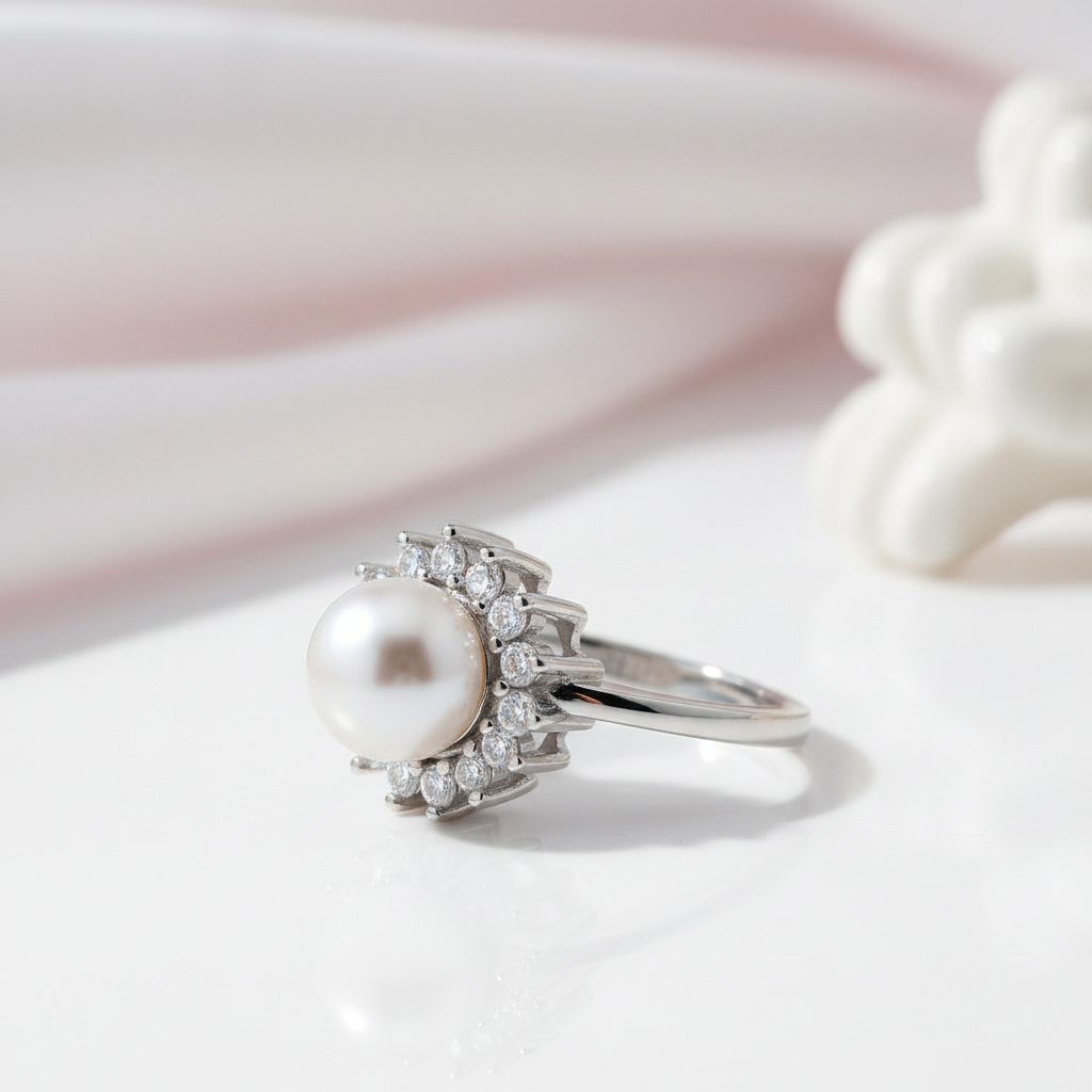 White Freshwater Pearl Halo Ring-Black Diamonds New York