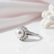 White Freshwater Pearl Halo Ring-Black Diamonds New York