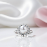 White Freshwater Pearl Halo Ring-Black Diamonds New York