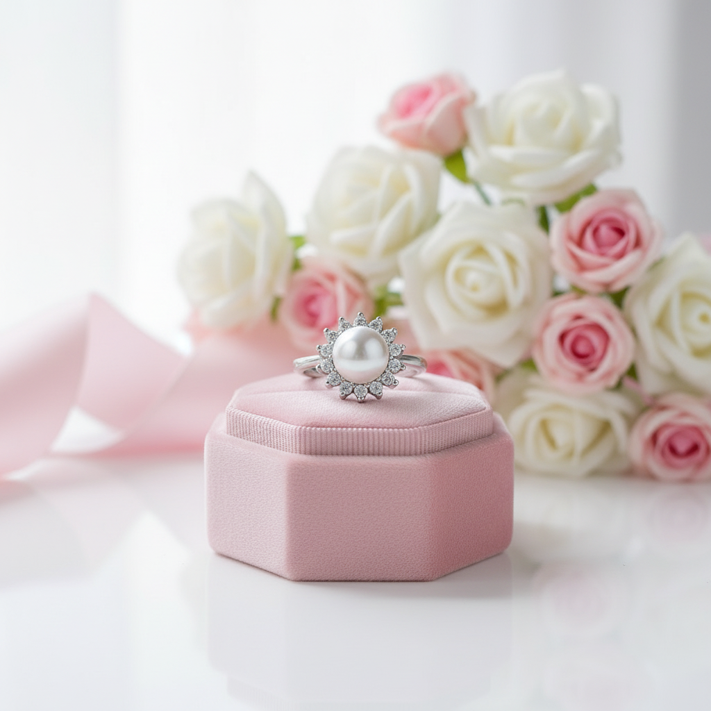 White Freshwater Pearl Halo Ring-Black Diamonds New York