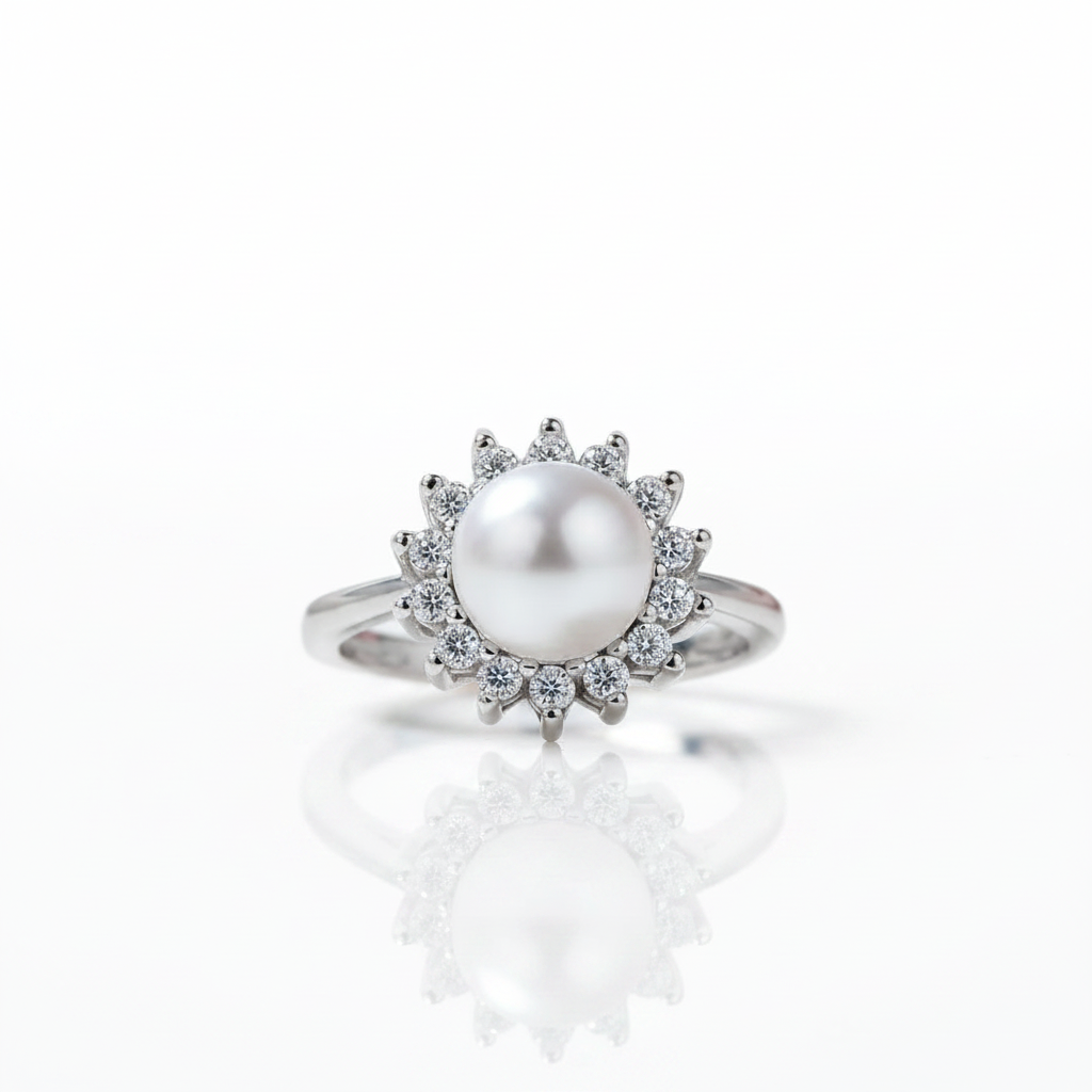 White Freshwater Pearl Halo Ring-Black Diamonds New York