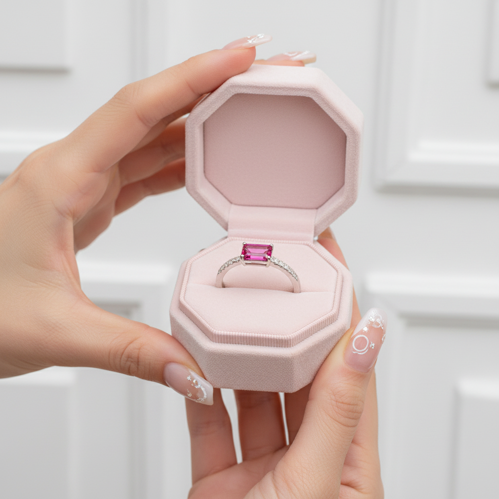 White Gold 1.5ct Emerald Cut Fuchsia Engagement Ring-Black Diamonds New York