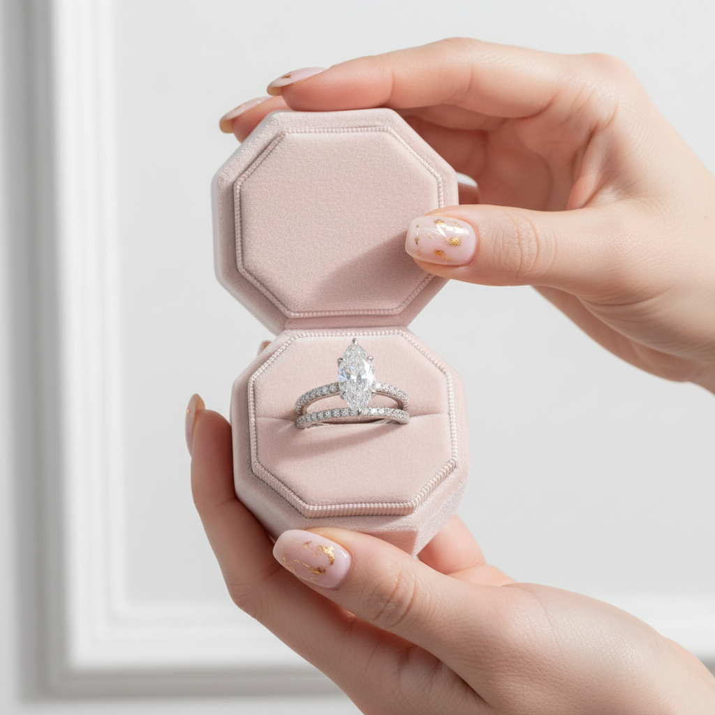 Hand holding a pink jewelry box with an engagement ring inside on a light background