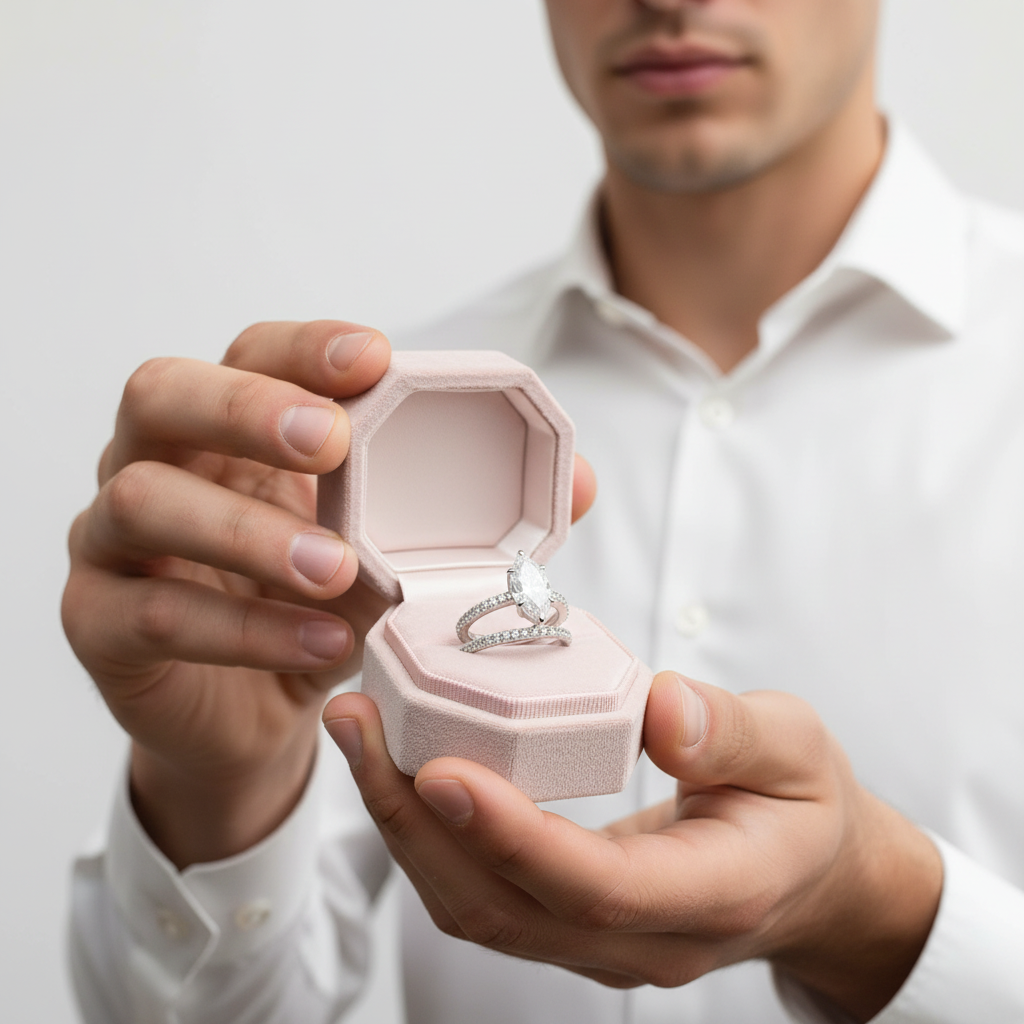 Man holding a pink jewelry box with a ring inside against a light background