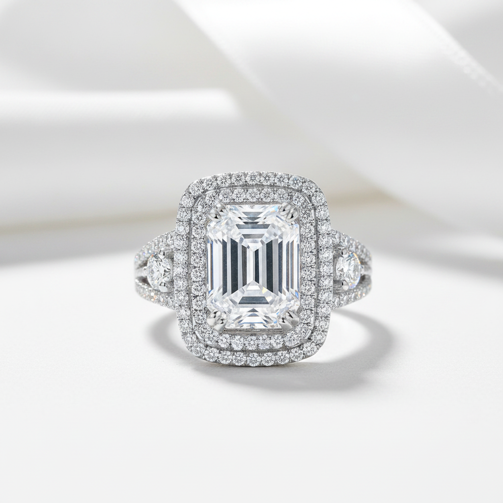 White Gold 4.0 ct Emerald Cut Halo Engagement Ring-Black Diamonds New York