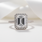 White Gold Classic Halo Emerald Cut Engagement Ring-Black Diamonds New York
