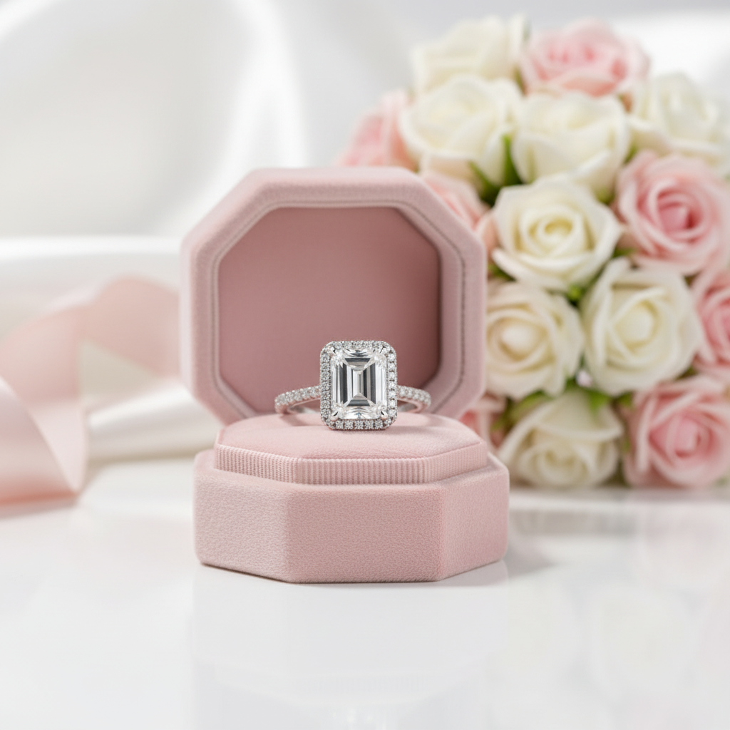 White Gold Classic Halo Emerald Cut Engagement Ring-Black Diamonds New York