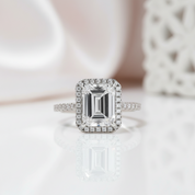White Gold Classic Halo Emerald Cut Engagement Ring-Black Diamonds New York
