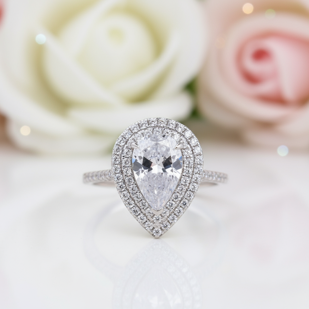 White Gold Double Halo Pear Cut Engagement Ring-Black Diamonds New York