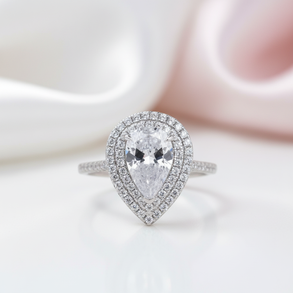 White Gold Double Halo Pear Cut Engagement Ring-Black Diamonds New York