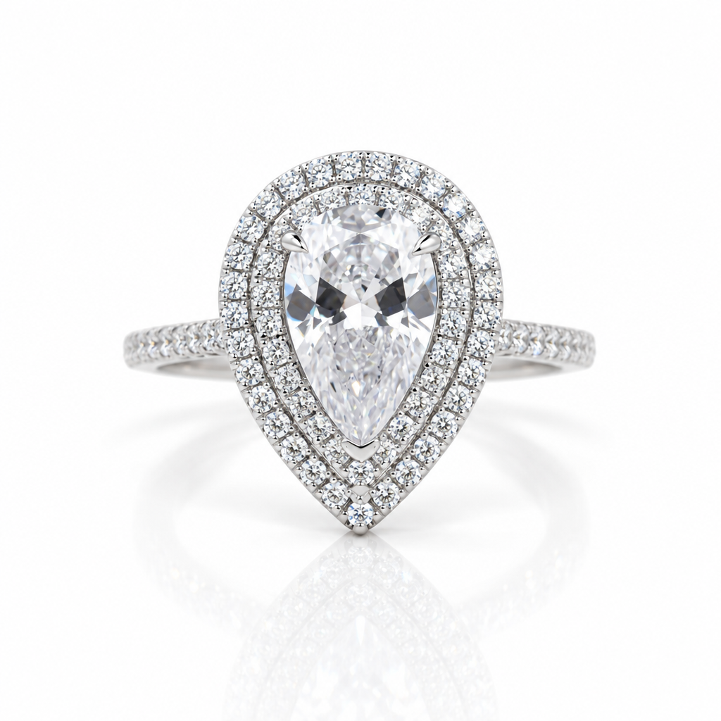 White Gold Double Halo Pear Cut Engagement Ring-Black Diamonds New York