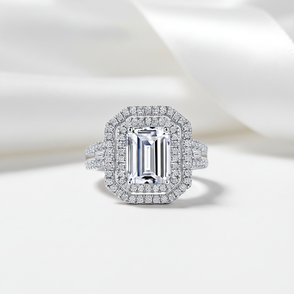 White Gold Emerald Cut Diamond Option Halo Engagement Ring-Black Diamonds New York