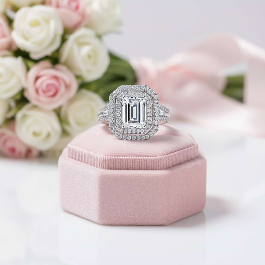 White Gold Emerald Cut Diamond Option Halo Engagement Ring-Black Diamonds New York