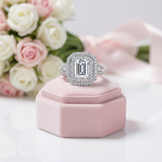 White Gold Emerald Cut Diamond Option Halo Engagement Ring-Black Diamonds New York