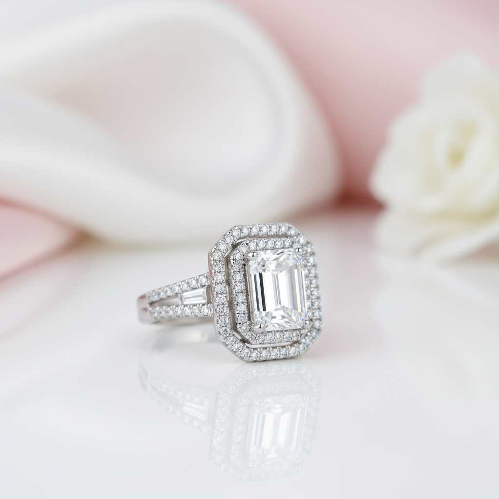 White Gold Emerald Cut Diamond Option Halo Engagement Ring-Black Diamonds New York
