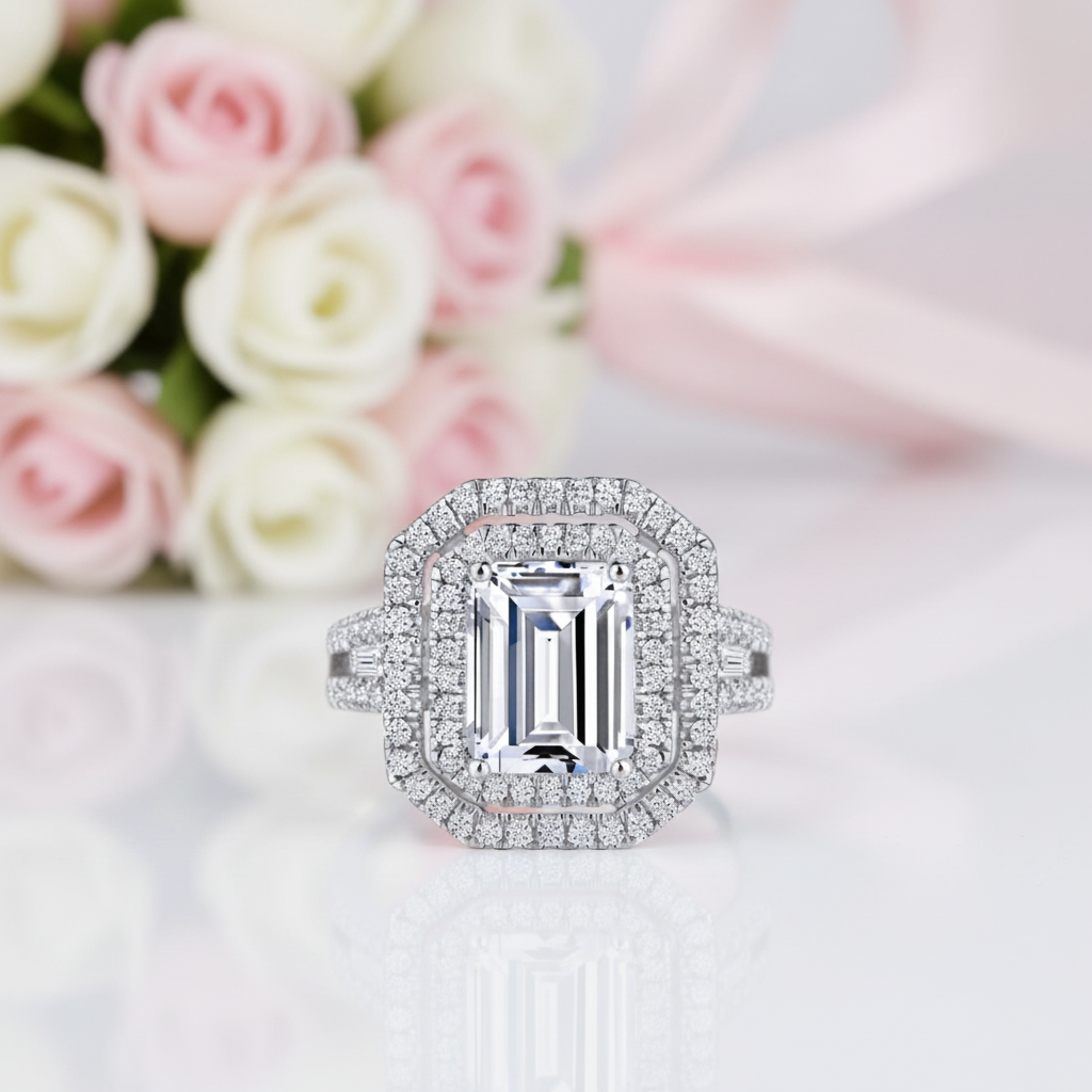 White Gold Emerald Cut Diamond Option Halo Engagement Ring-Black Diamonds New York