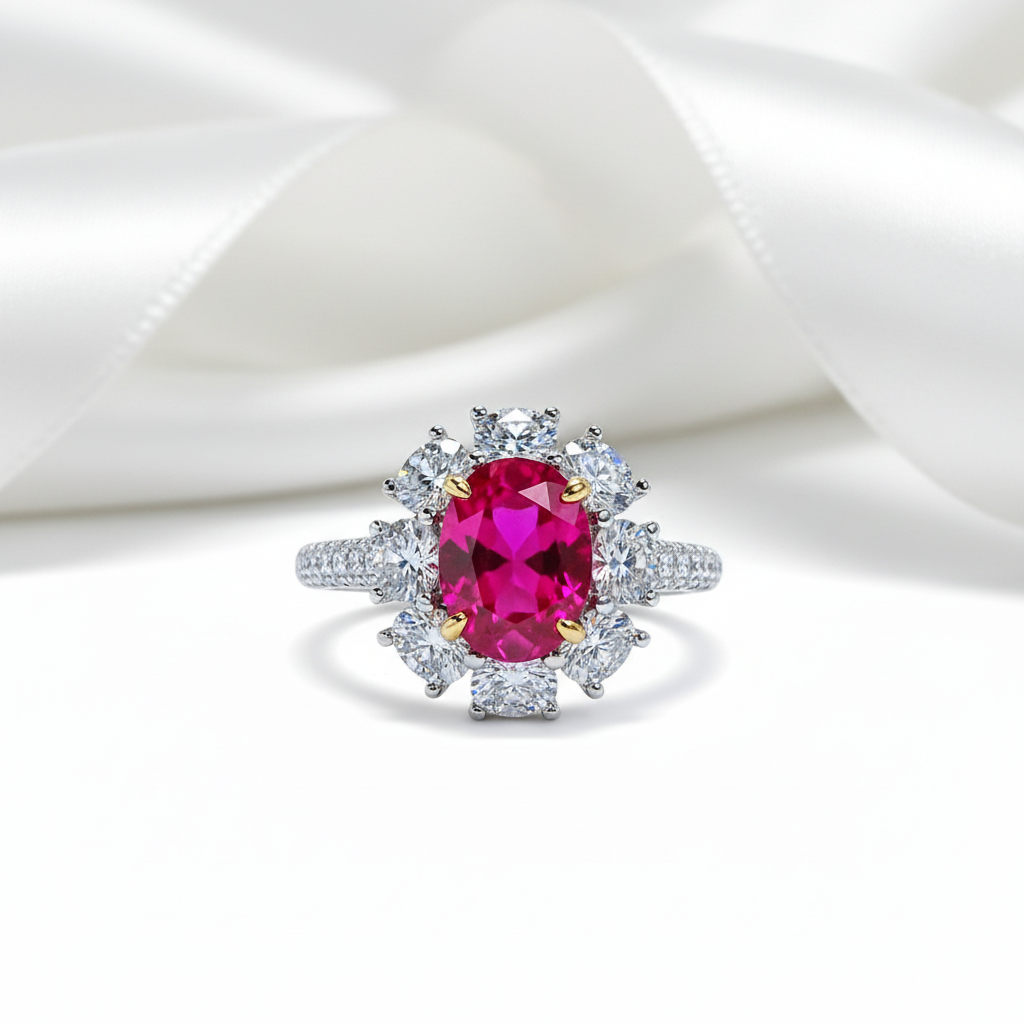 White Gold Flower Shape Oval Cut Ruby Engagement Ring-Black Diamonds New York