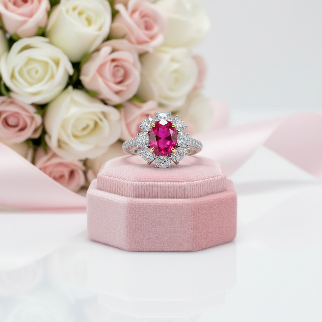 White Gold Flower Shape Oval Cut Ruby Engagement Ring-Black Diamonds New York