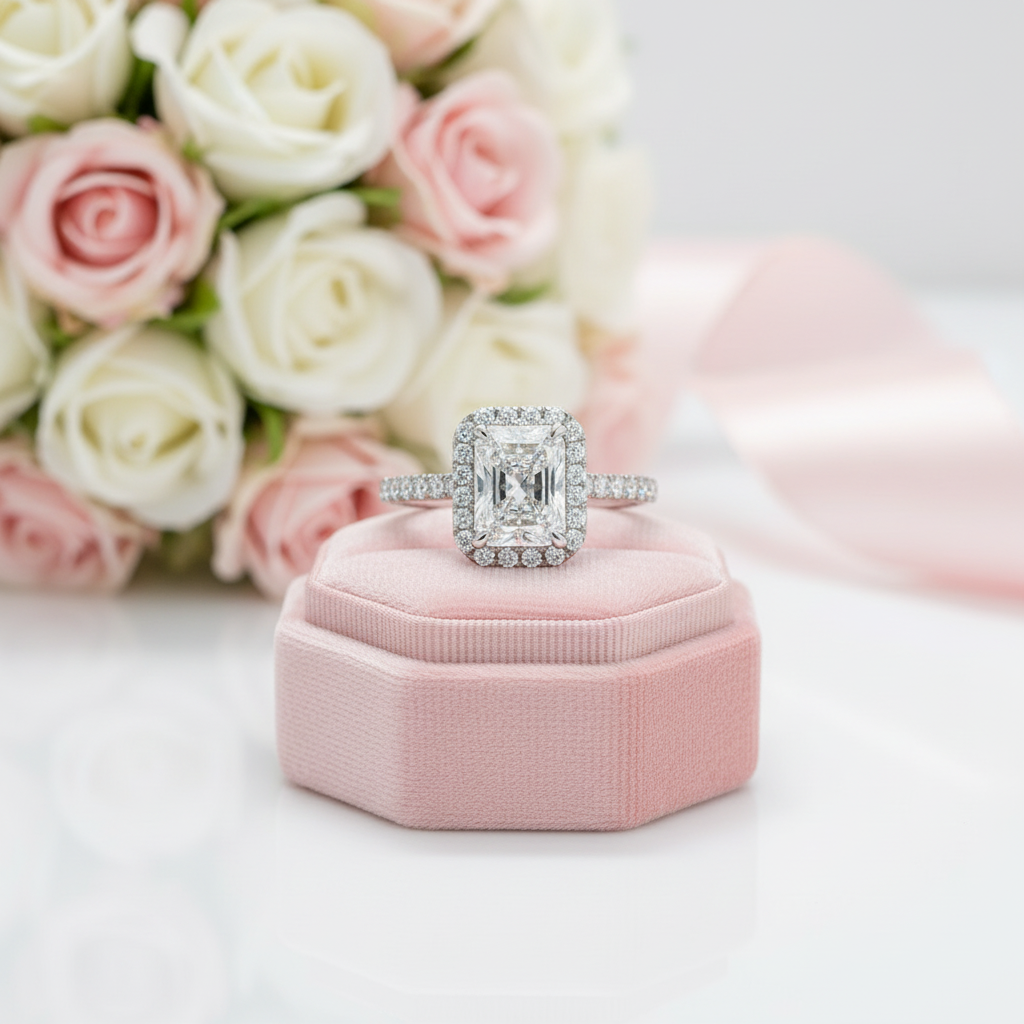 Diamond ring with a rectangular center stone on a white background