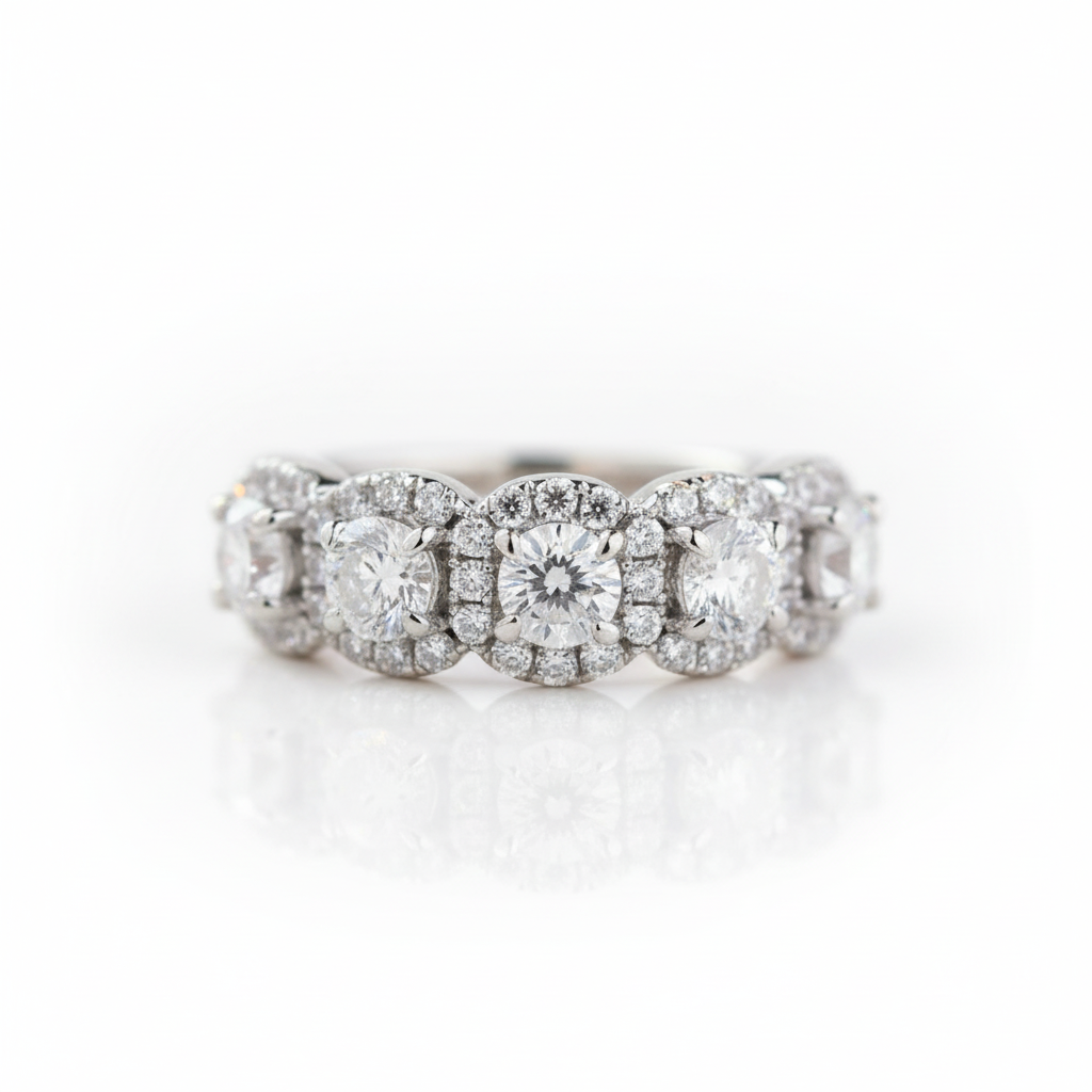 White Gold Halo Round Cut 5 Stone Anniversary Ring-Black Diamonds New York