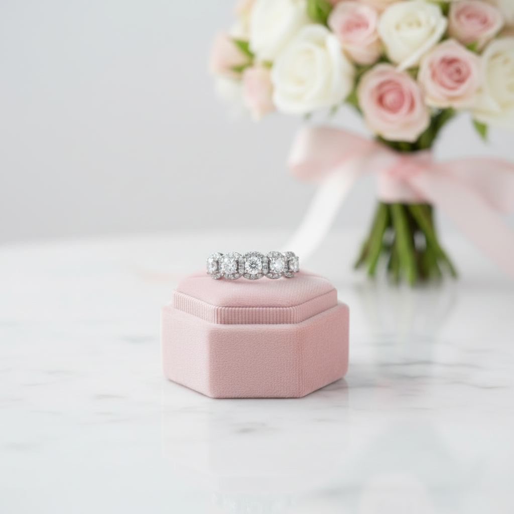 White Gold Halo Round Cut 5 Stone Anniversary Ring-Black Diamonds New York