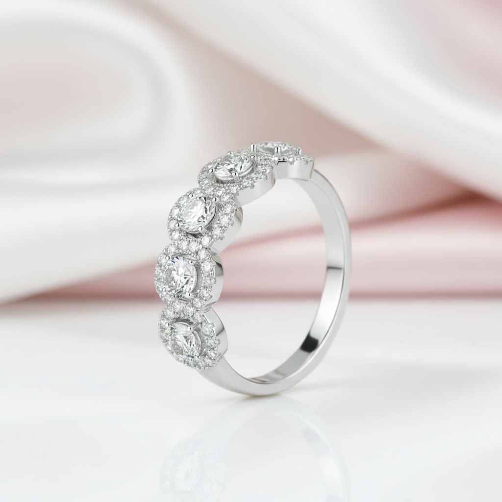 White Gold Halo Round Cut 5 Stone Anniversary Ring-Black Diamonds New York