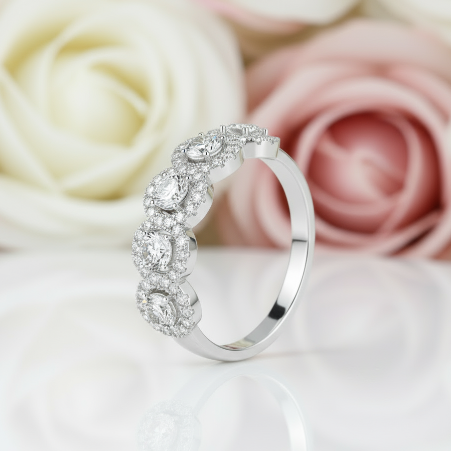 White Gold Halo Round Cut 5 Stone Anniversary Ring-Black Diamonds New York