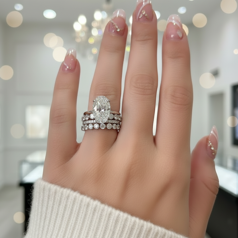 White Gold Oval Cut Simulated Diamond Option Bridal Ring Set-Black Diamonds New York