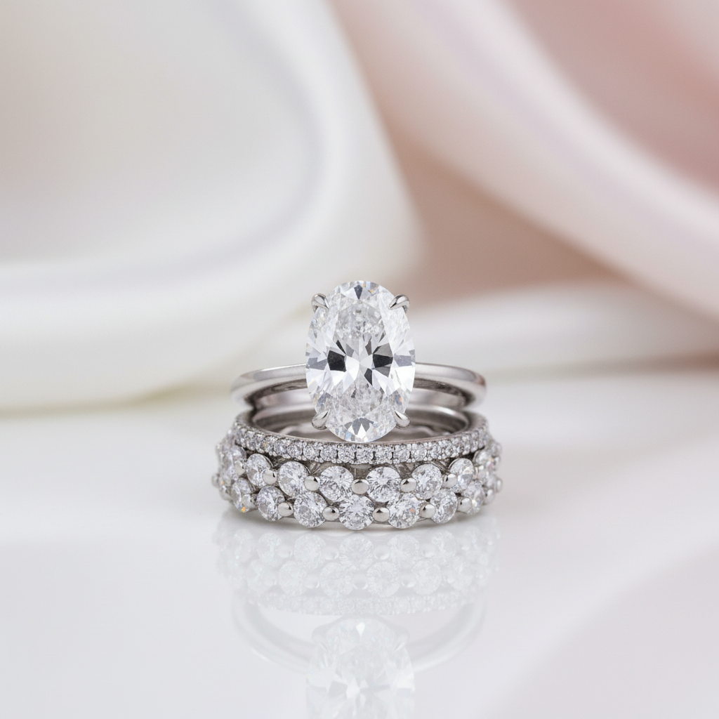 White Gold Oval Cut Simulated Diamond Option Bridal Ring Set-Black Diamonds New York