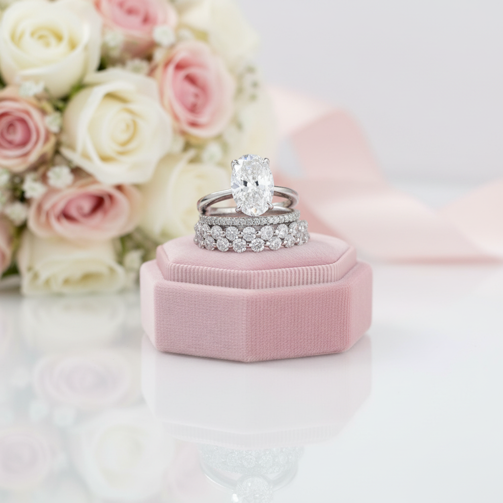White Gold Oval Cut Simulated Diamond Option Bridal Ring Set-Black Diamonds New York