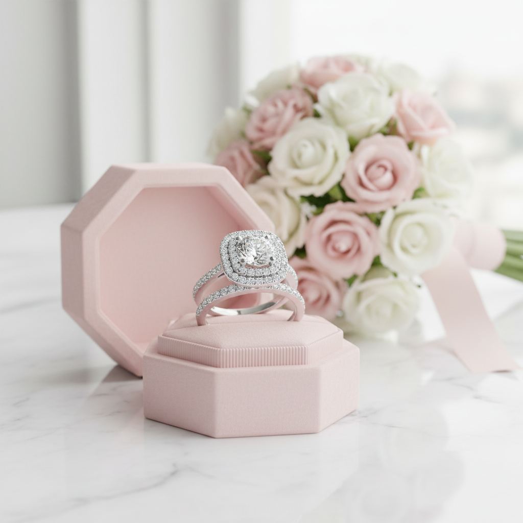 White Gold Round Cut Diamond Option Halo Engagement Ring Set-Black Diamonds New York