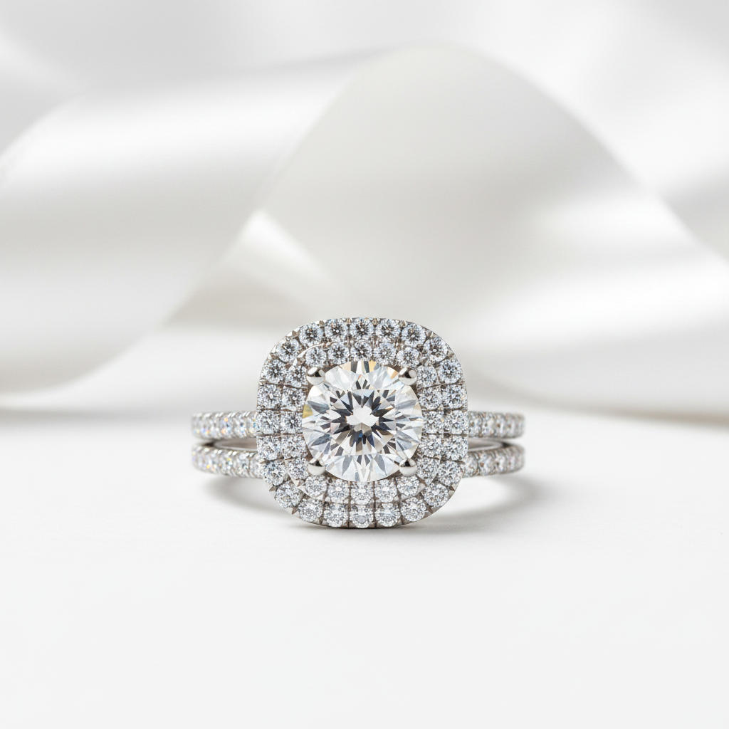 White Gold Round Cut Diamond Option Halo Engagement Ring Set-Black Diamonds New York