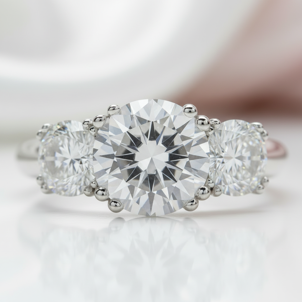 White Gold Round Cut Diamond Three Stone Engagement Ring-Black Diamonds New York