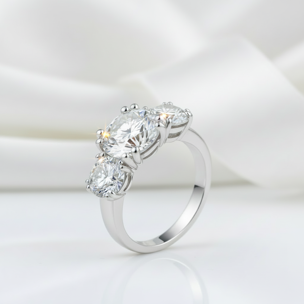 White Gold Round Cut Diamond Three Stone Engagement Ring-Black Diamonds New York