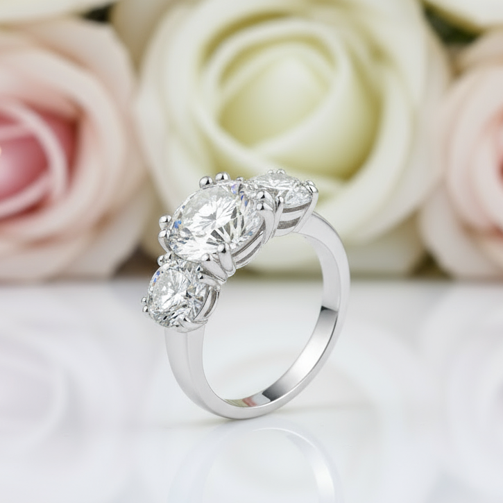 White Gold Round Cut Diamond Three Stone Engagement Ring-Black Diamonds New York