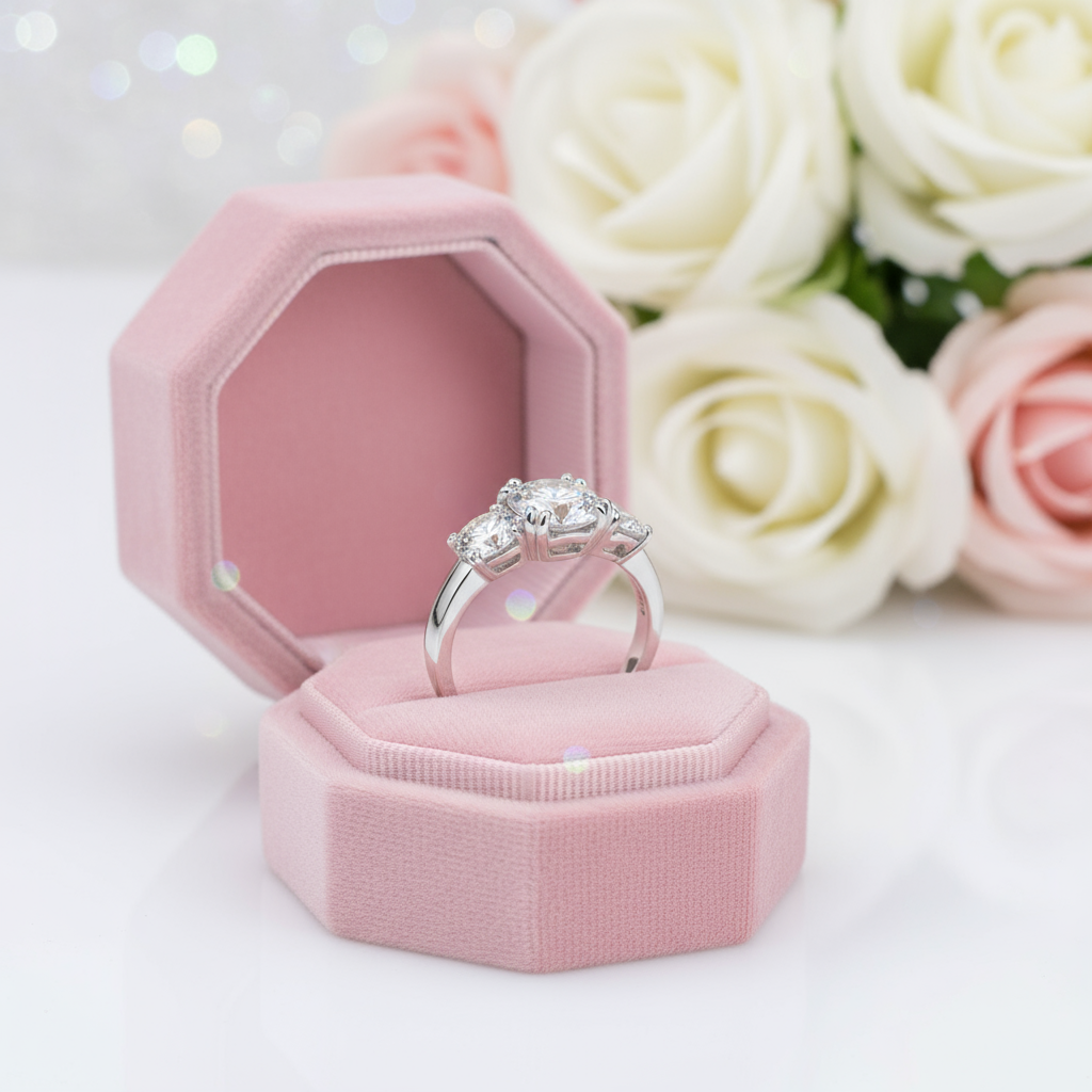 White Gold Round Cut Diamond Option Three Stone Engagement Ring-Black Diamonds New York