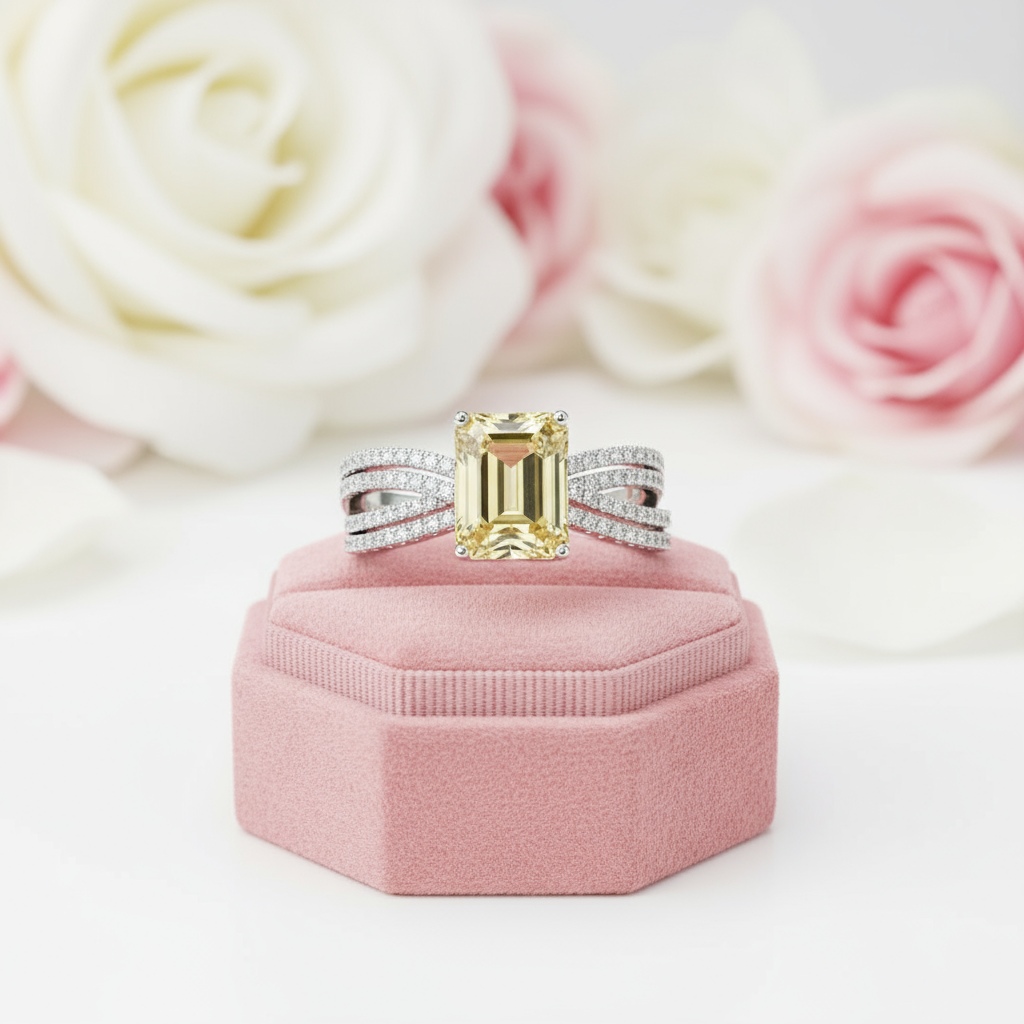 White Gold Yellow Sapphire 3.0ct Emerald Cut Engagement Ring-Black Diamonds New York