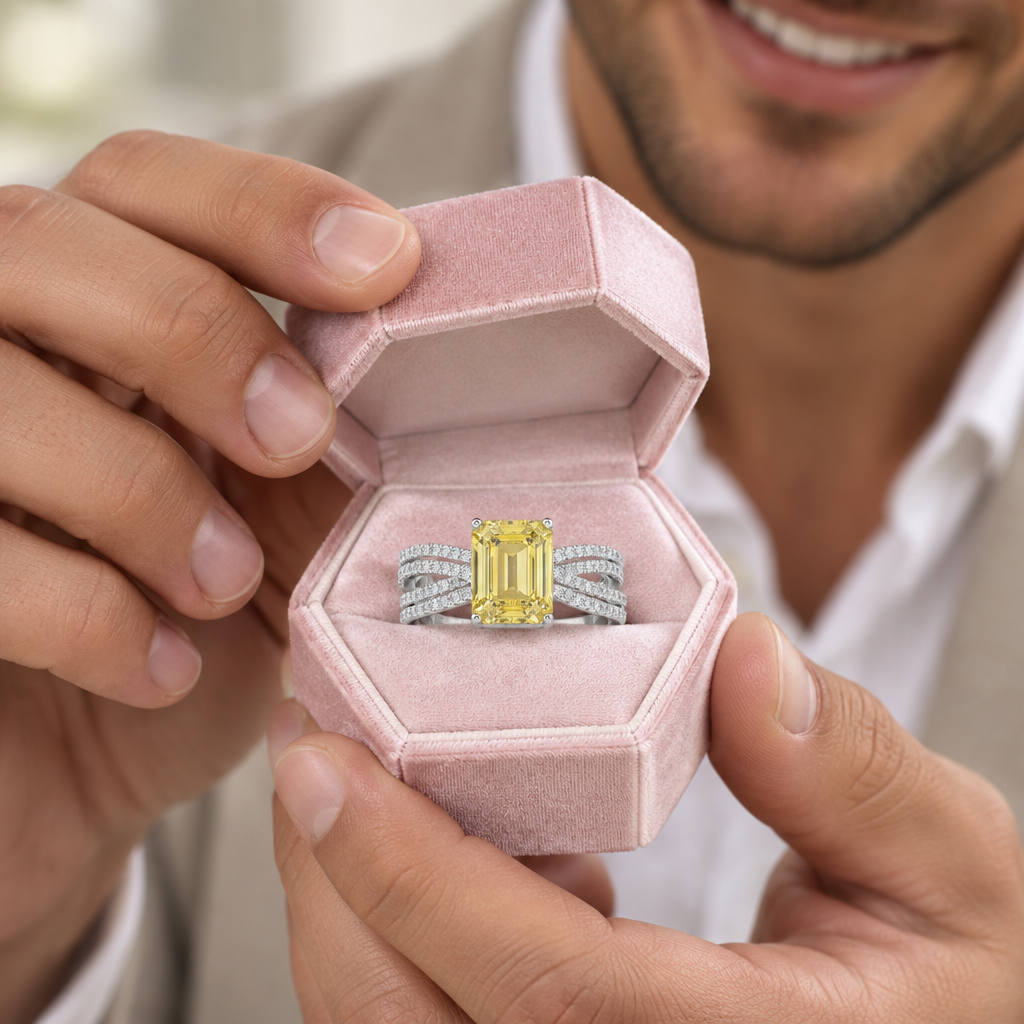 White Gold Yellow Sapphire 3.0ct Emerald Cut Engagement Ring-Black Diamonds New York