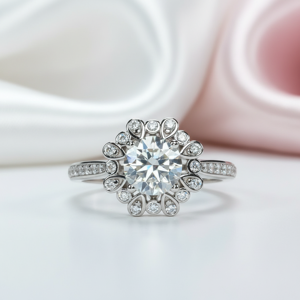 White Gold Sunflower 1.2ct Diamond Halo Engagement Ring-Black Diamonds New York