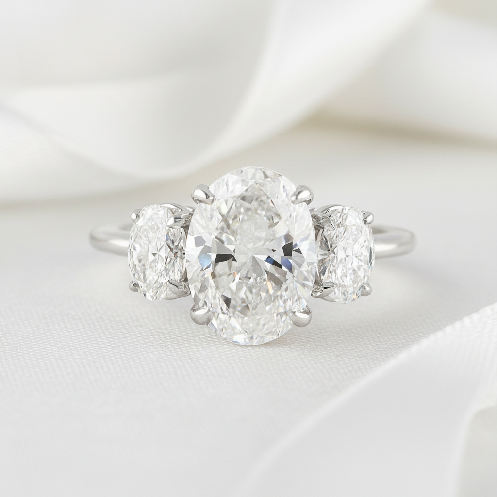 White Gold White Sapphire Oval Cut Three Stone Engagement Ring-Black Diamonds New York