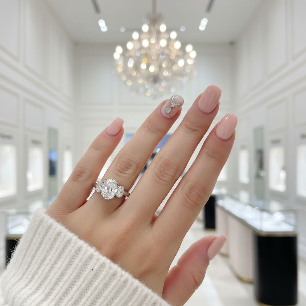 White Gold White Sapphire Oval Cut Three Stone Engagement Ring-Black Diamonds New York