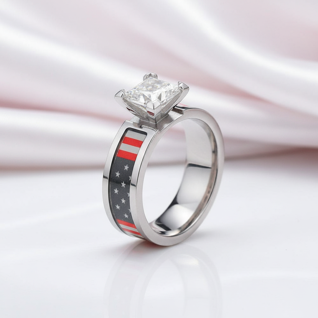 Diamond Option Titanium Wedding Ring with National Flag Inlay-Black Diamonds New York