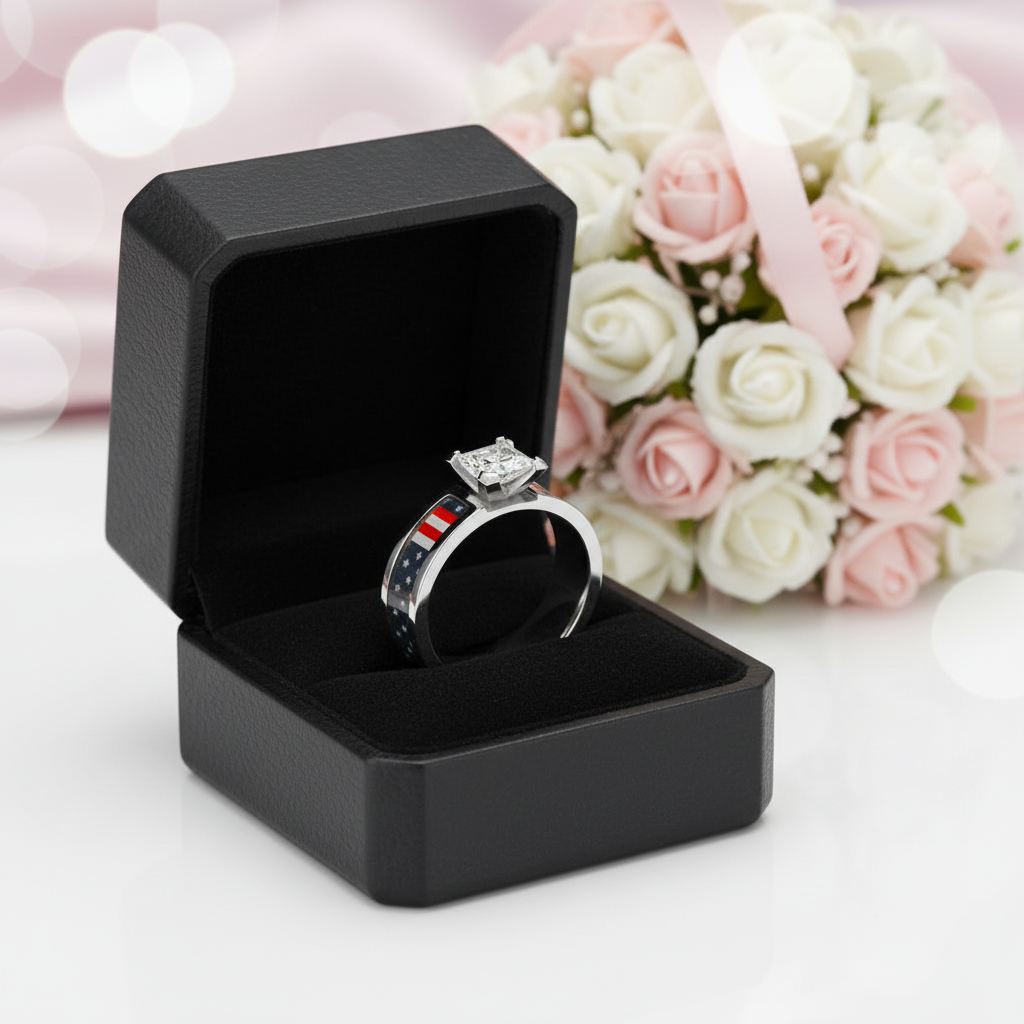 Diamond Option Titanium Wedding Ring with National Flag Inlay-Black Diamonds New York