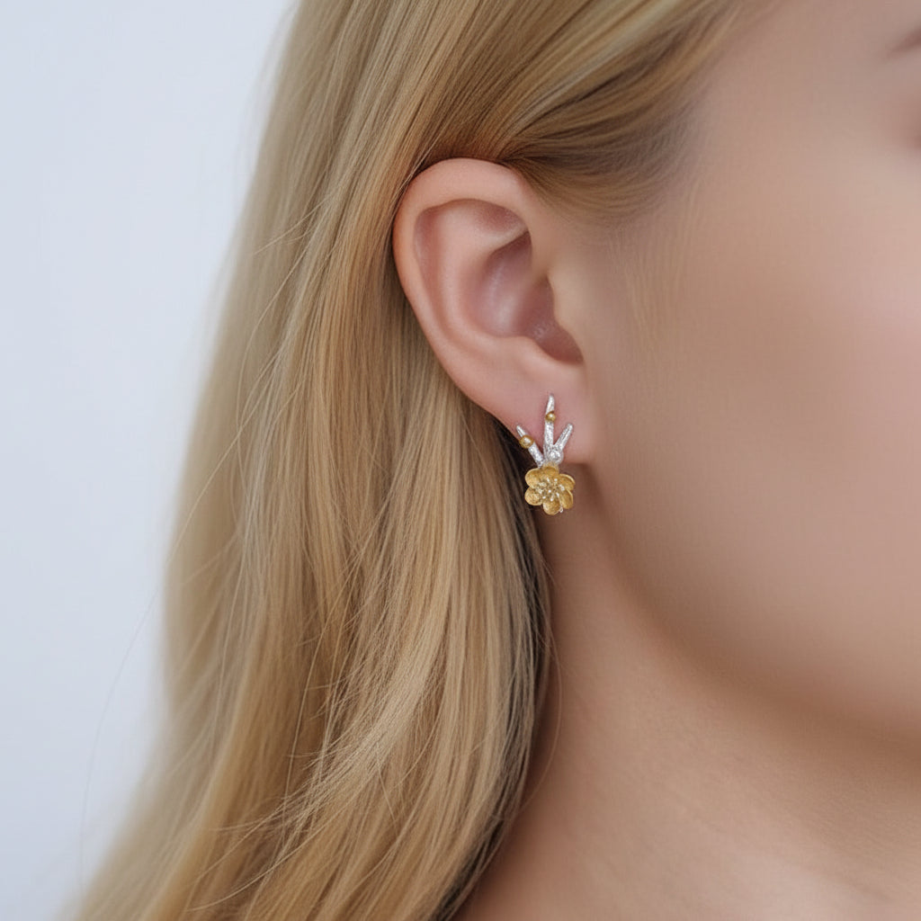 Winter Blossom and Snow Flower Stud Earrings-Black Diamonds New York