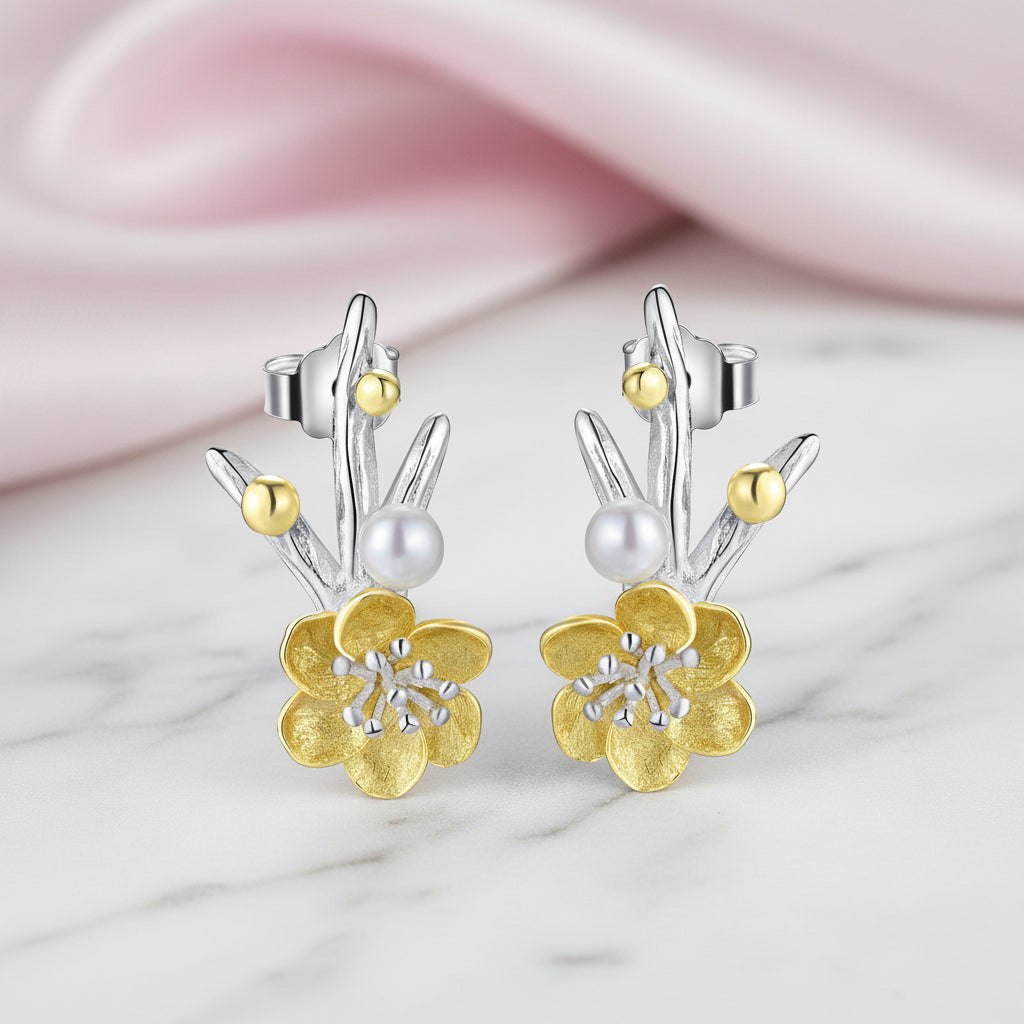 Winter Blossom and Snow Flower Stud Earrings-Black Diamonds New York