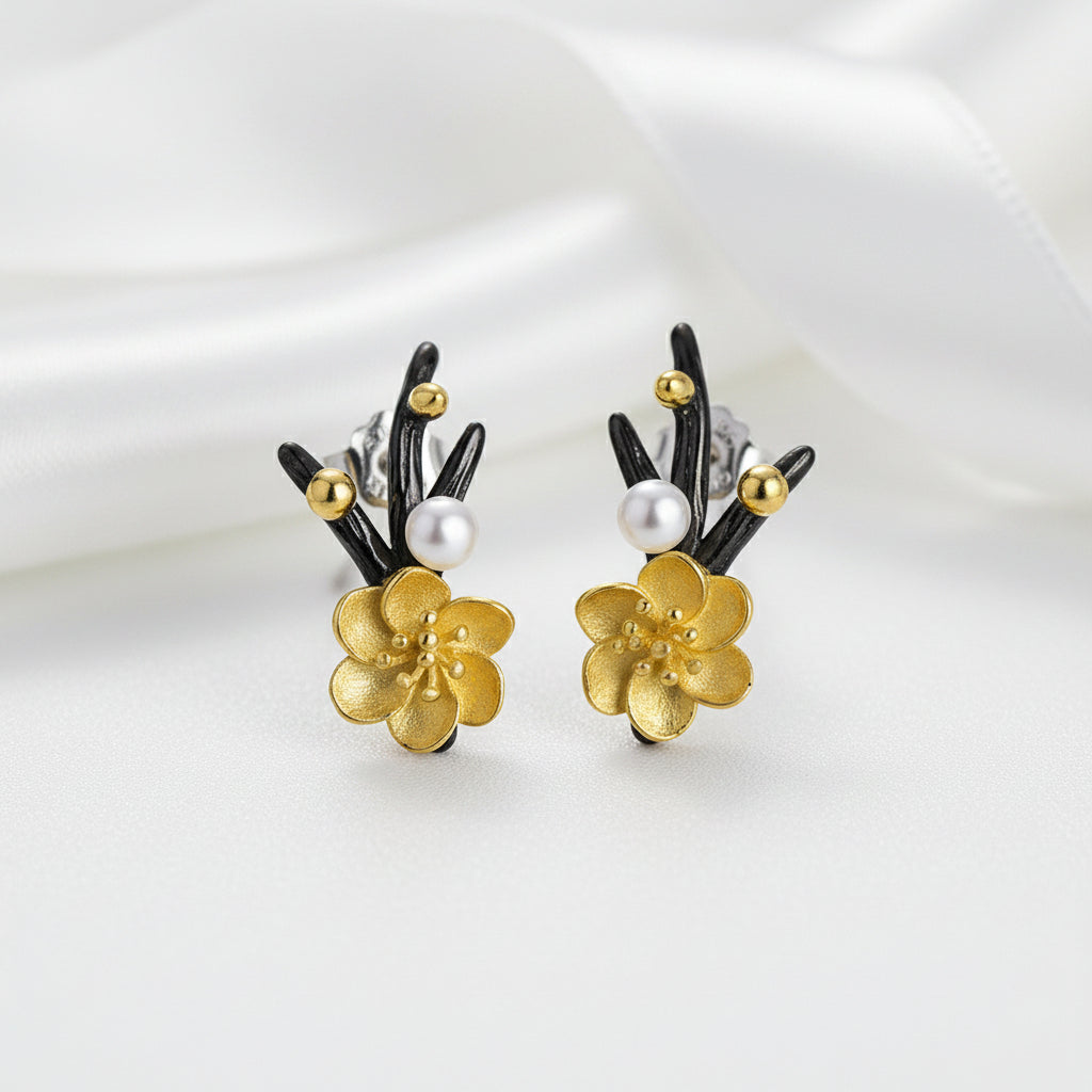 Winter Blossom and Snow Flower Stud Earrings-Black Diamonds New York